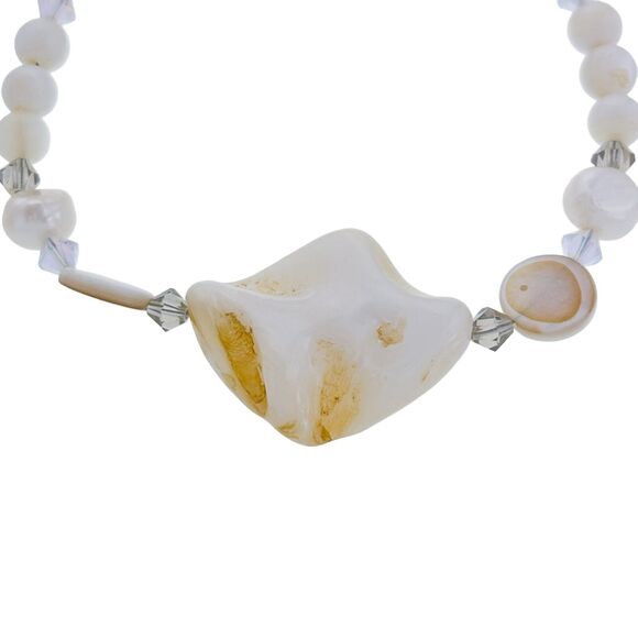 Vintage Sterling Silver 925 Clasp Mother Of Pearl Crystal Beaded Bracelet 7.75" - Picture 4 of 5